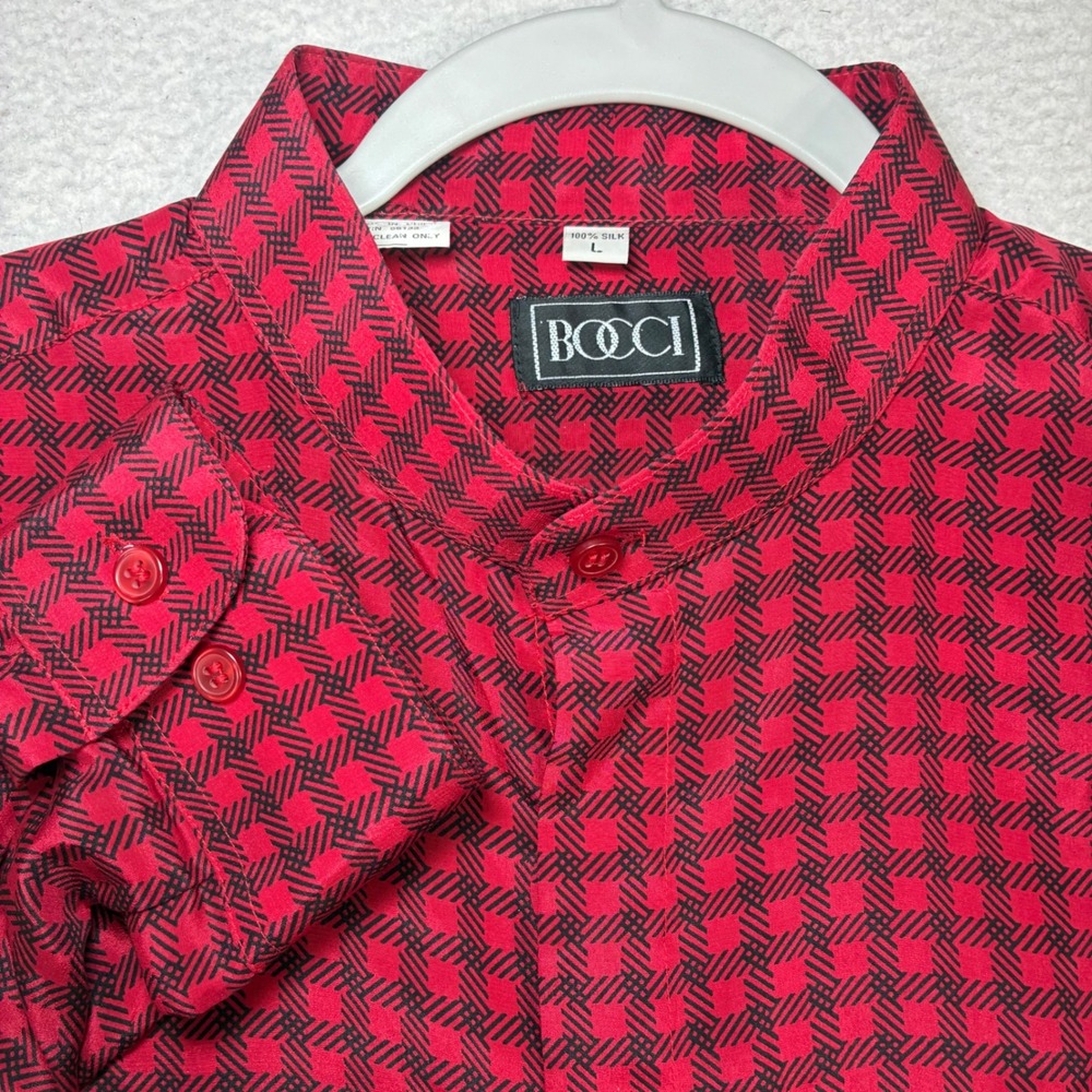 Bocci Silk Button Shirt Men L Red Buffalo Check Geometric Banded Collar Luxury